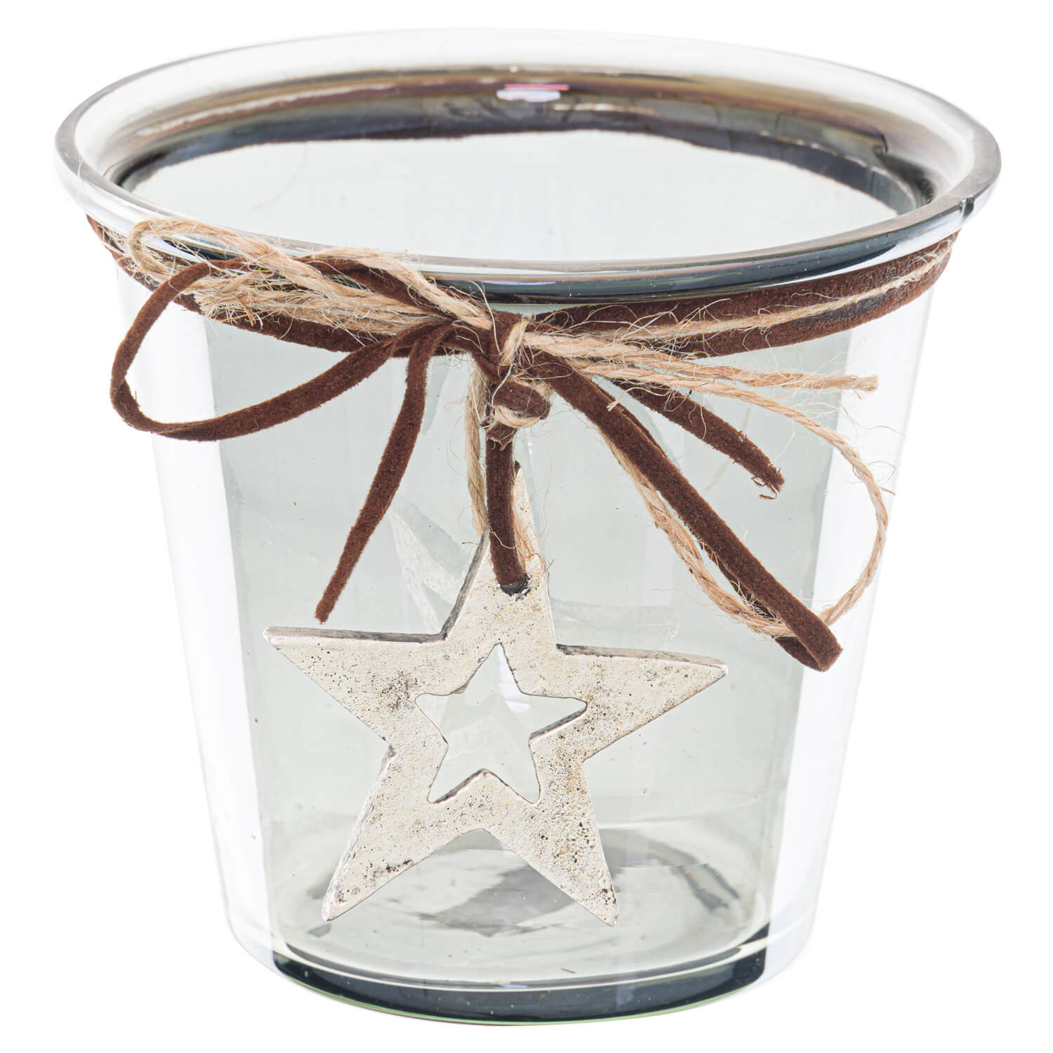 Smoked midnight glass hammered star candle holder with twine bow for holiday decor by Sostter at brixbailey.com