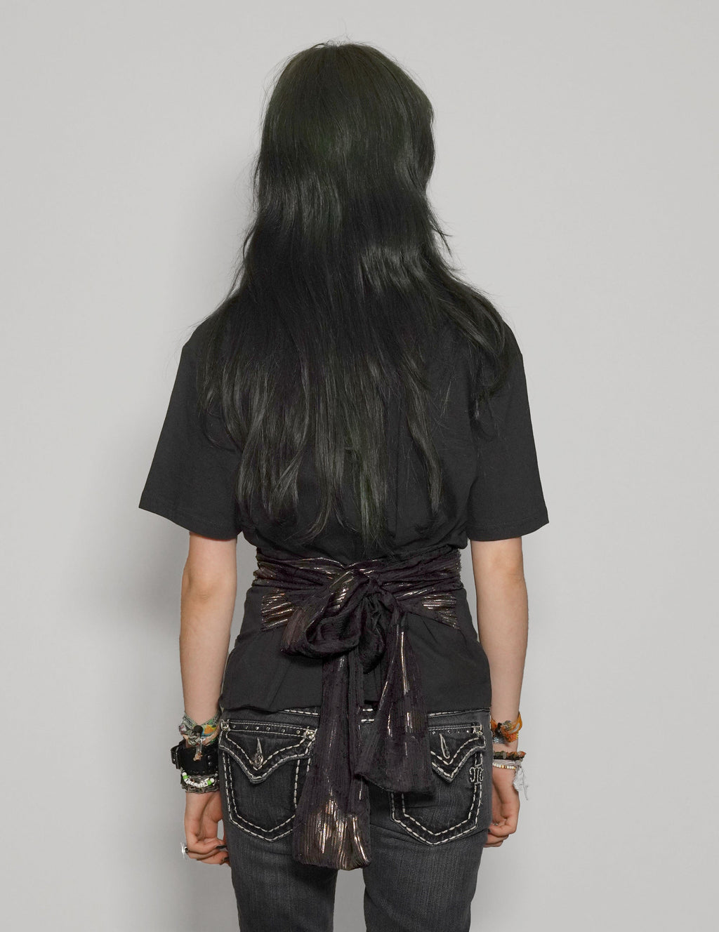 Black Cropped Tee with Silk Tie Detail