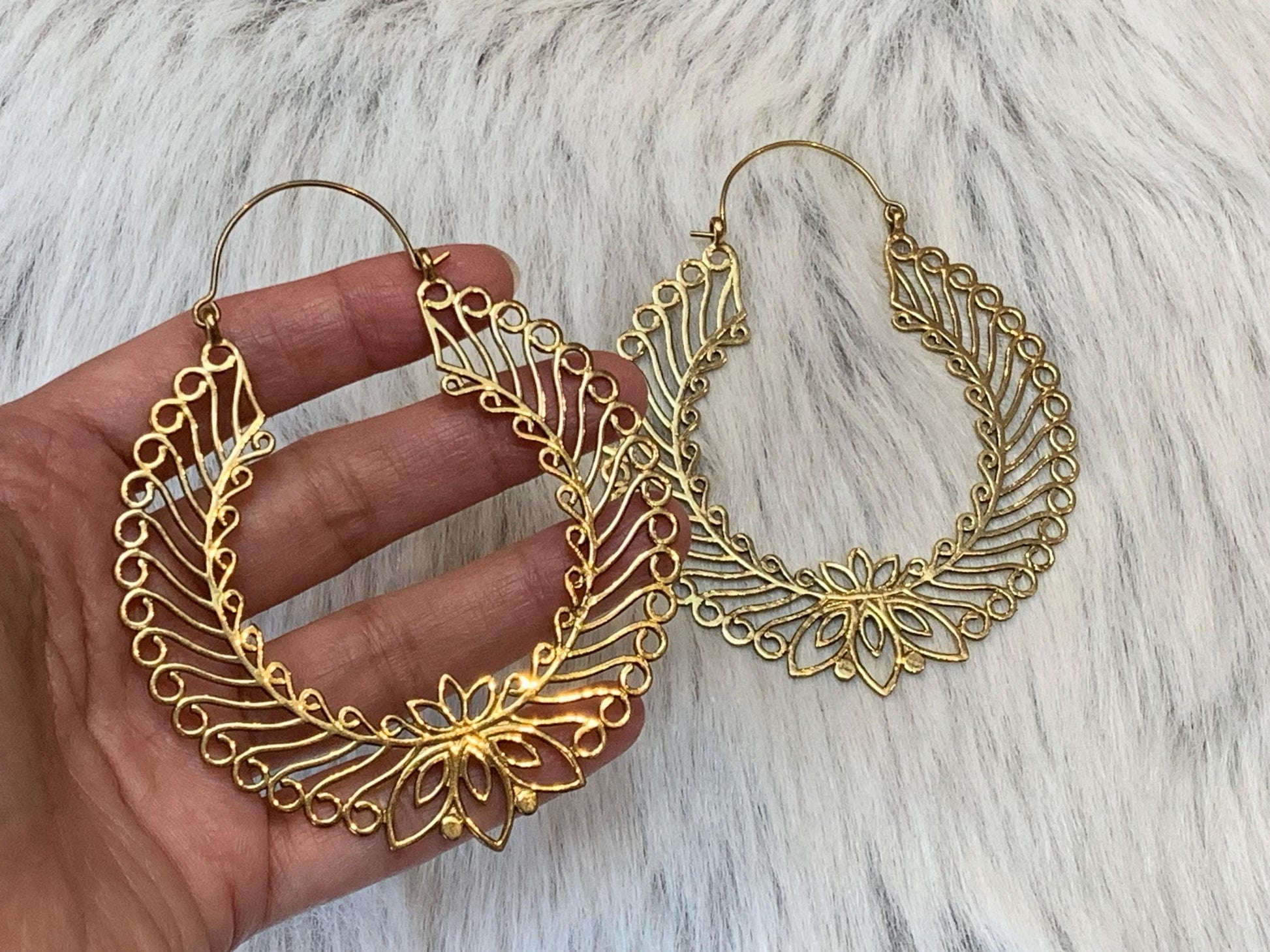 Golden Lotus Filigree Hoops Brass Statement Earrings