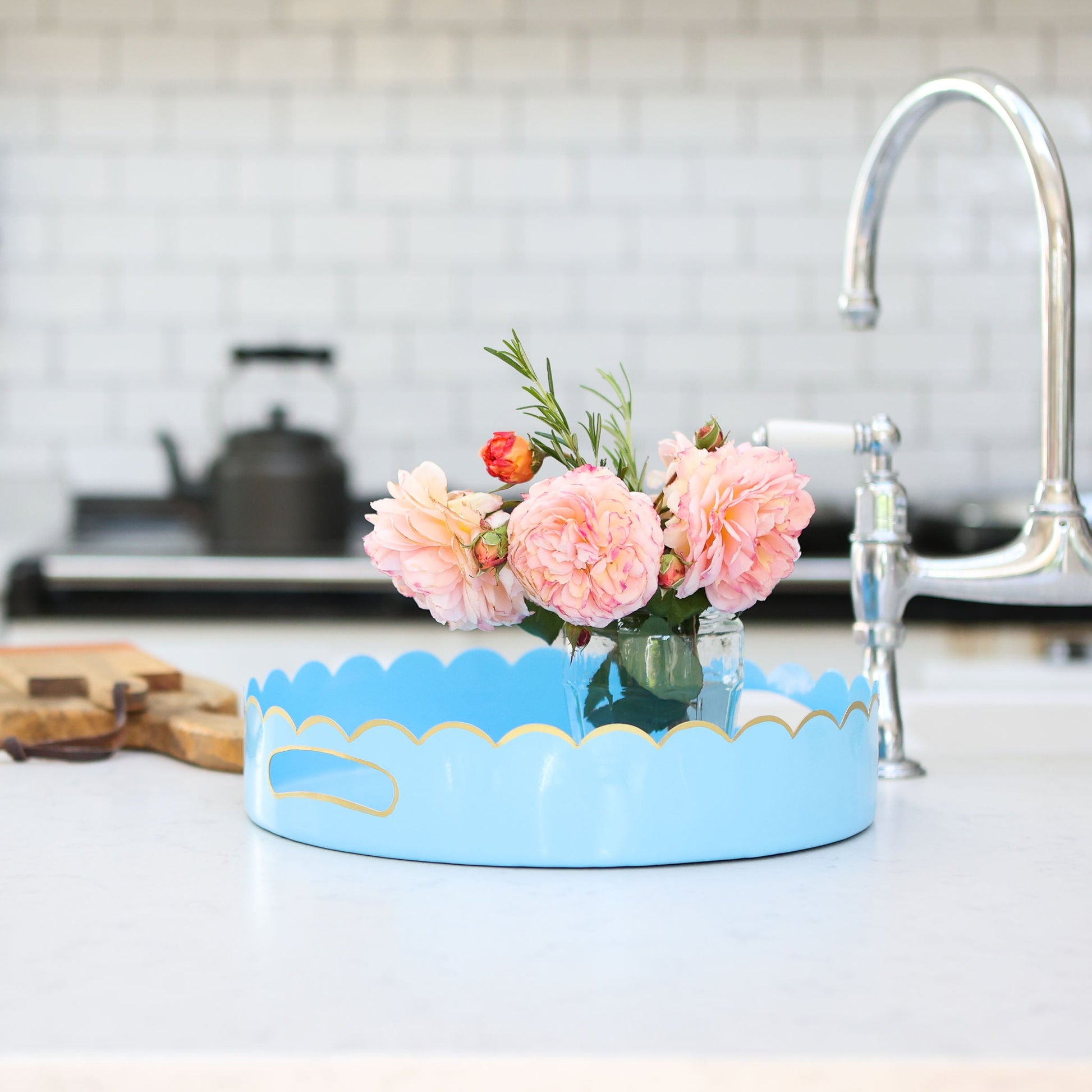 Blue Scalloped Metal Serving Tray with Gold Trim