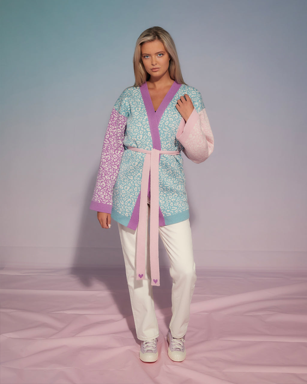 Leopard Knitted Wool and Cashmere Kimono in Pastel