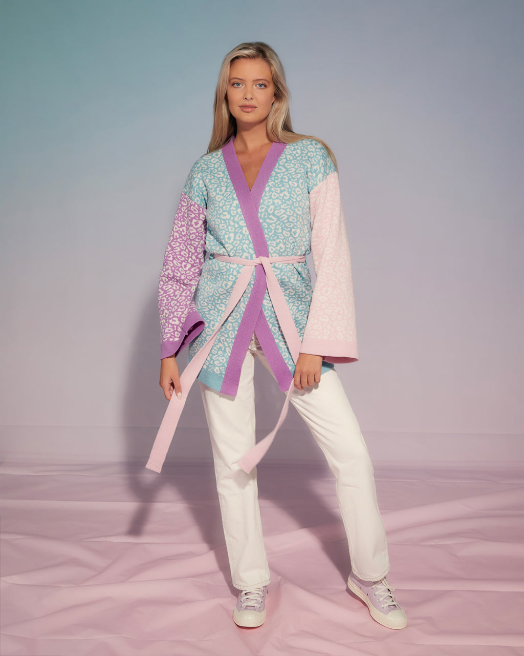 Leopard Knitted Wool and Cashmere Kimono in Pastel