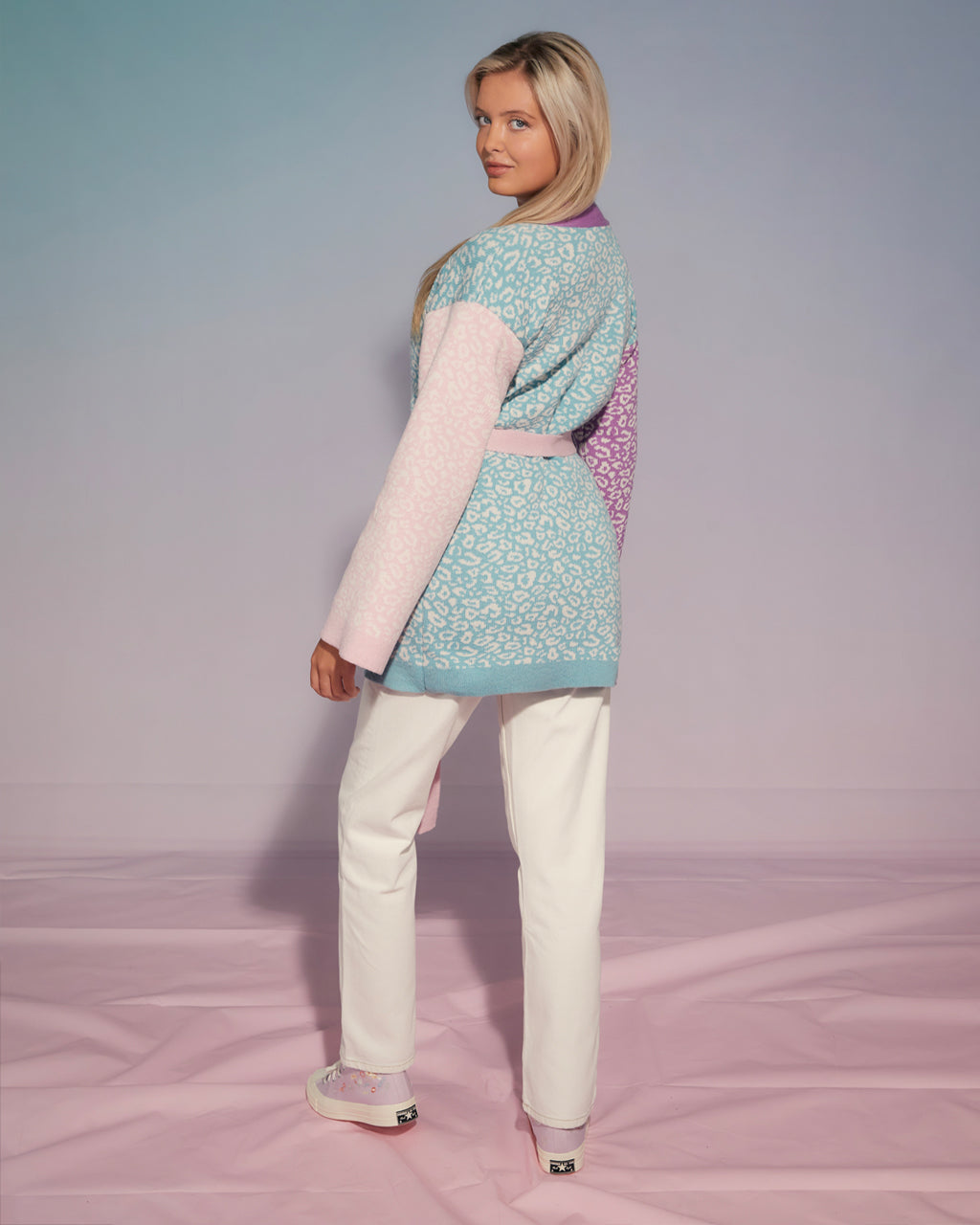 Leopard Knitted Wool and Cashmere Kimono in Pastel