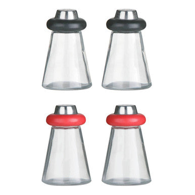 Red Salt and Pepper Shakers with Glass and Stainless Steel