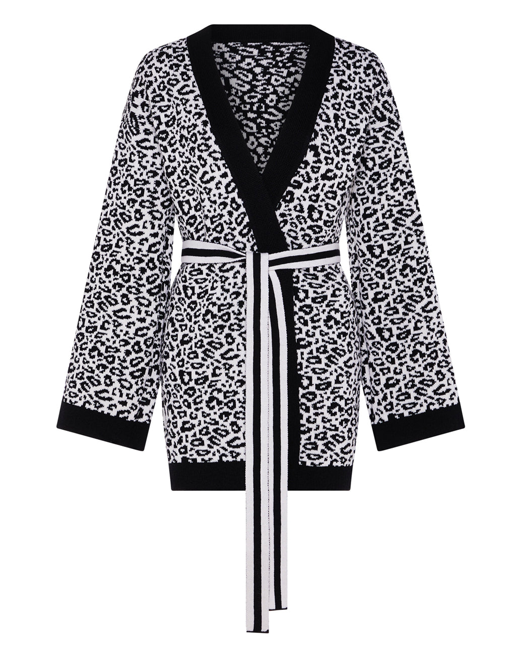 Leopard Knitted Wool and Cashmere Kimono in Black and White