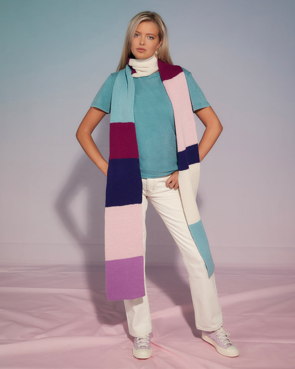 Ribbed Colour Block Wool and Cashmere Scarf