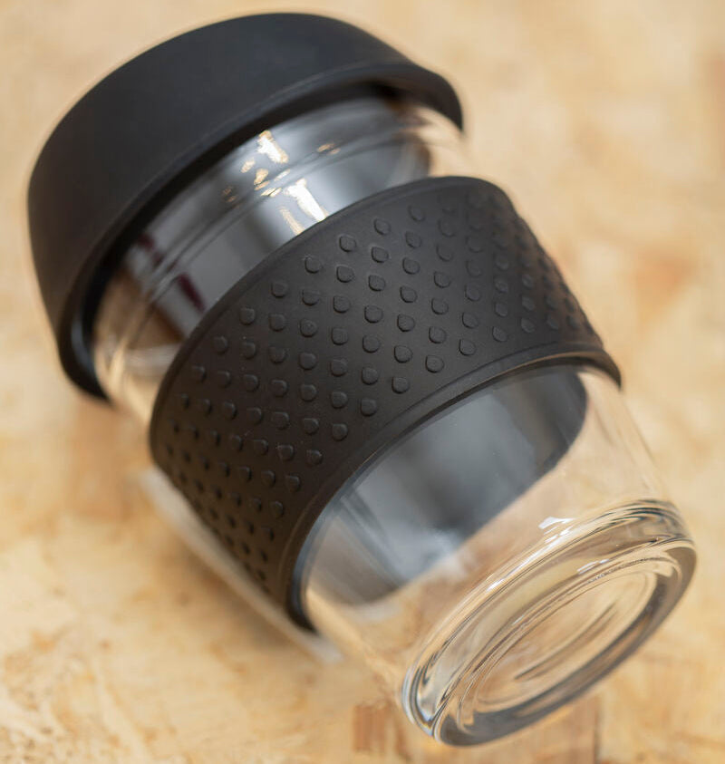 Glass Mug With Black Silicone Band Lid