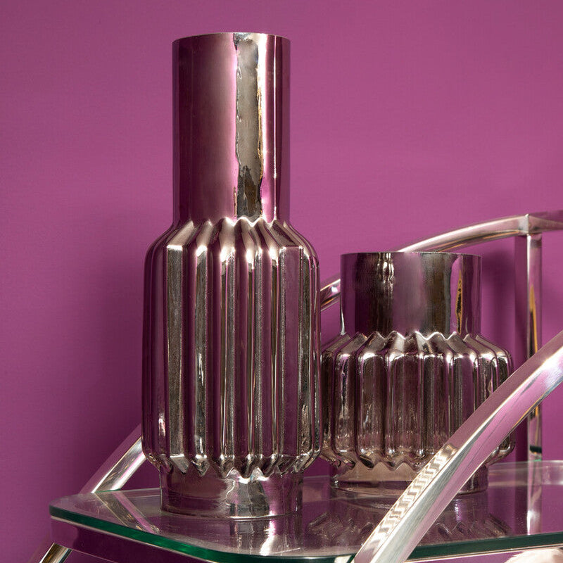Silver Small Glass Vase with Ribbed Finish