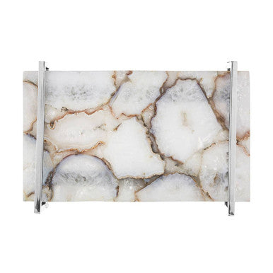 White Agate Large Tray with Silver Handles