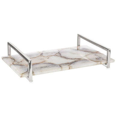 White Agate Large Tray with Silver Handles