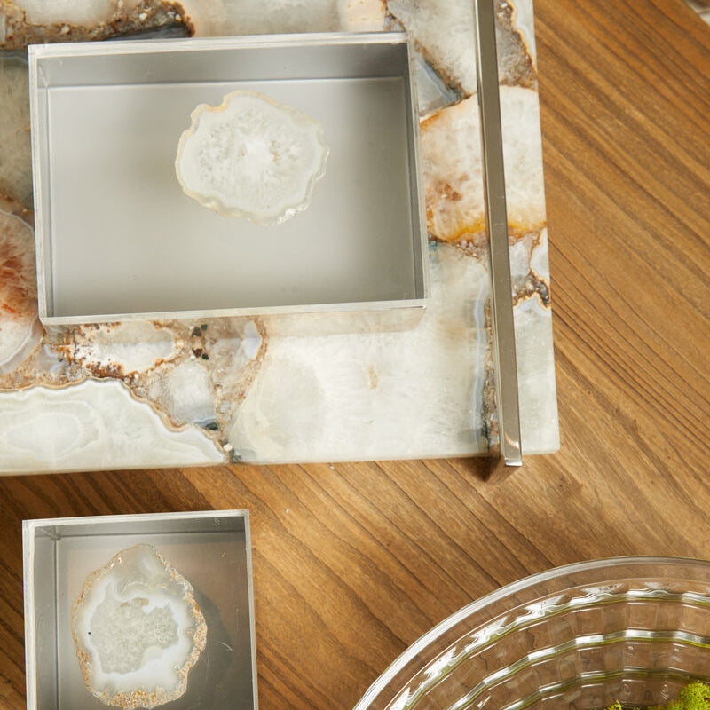 White Agate Large Tray with Silver Handles