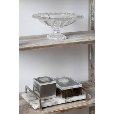 White Agate Large Tray with Silver Handles