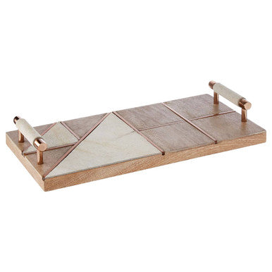 Cowhide and Wood Tray with Copper Metal Inlay