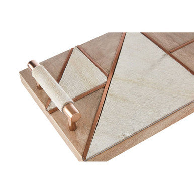 Cowhide and Wood Tray with Copper Metal Inlay