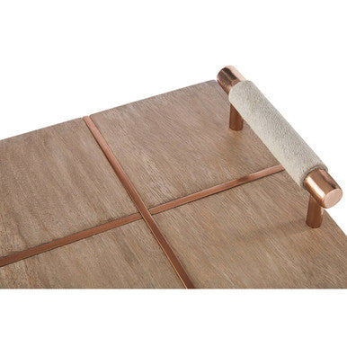 Cowhide and Wood Tray with Copper Metal Inlay