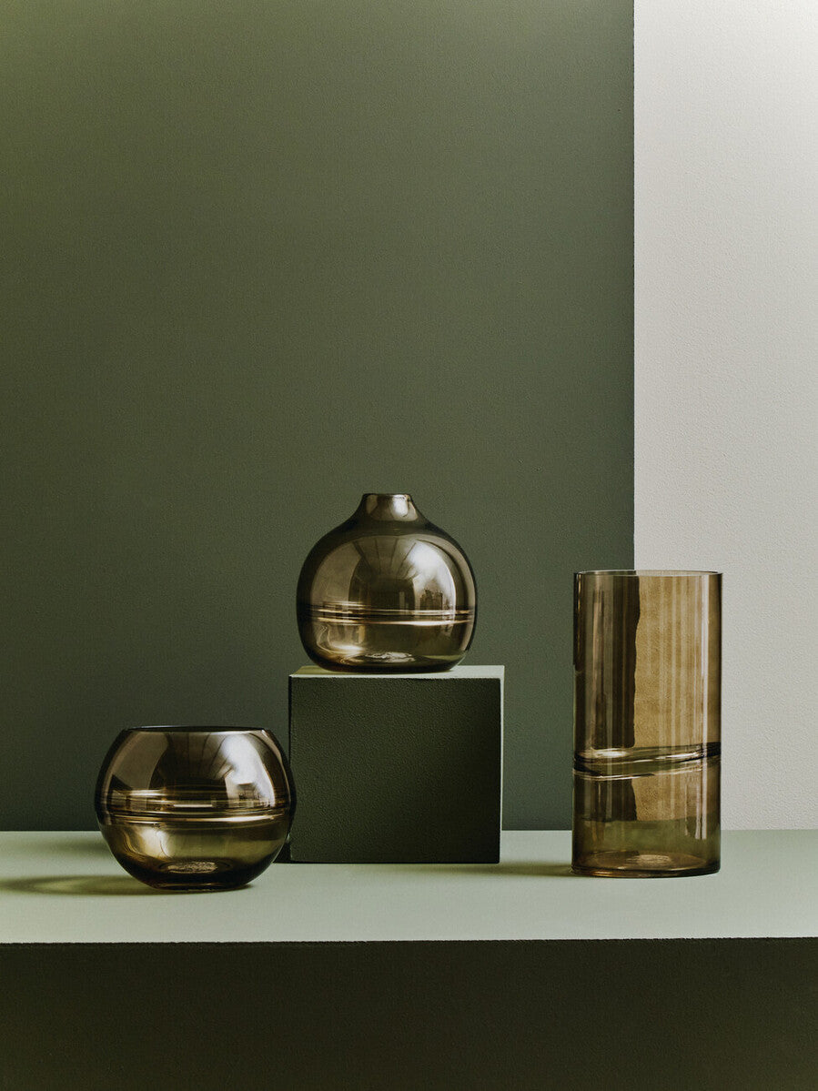 Large Smoked Glass Vase with Textured Rings