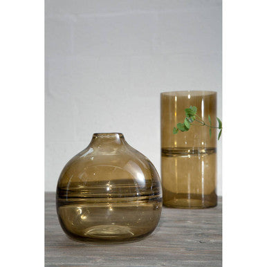 Large Smoked Glass Vase with Textured Rings