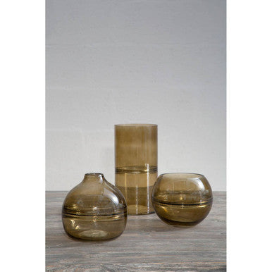 Large Smoked Glass Vase with Textured Rings