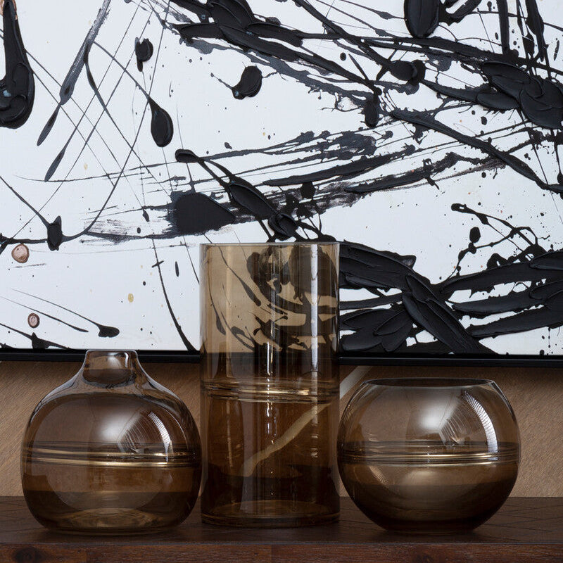 Large Smoked Glass Vase with Textured Rings