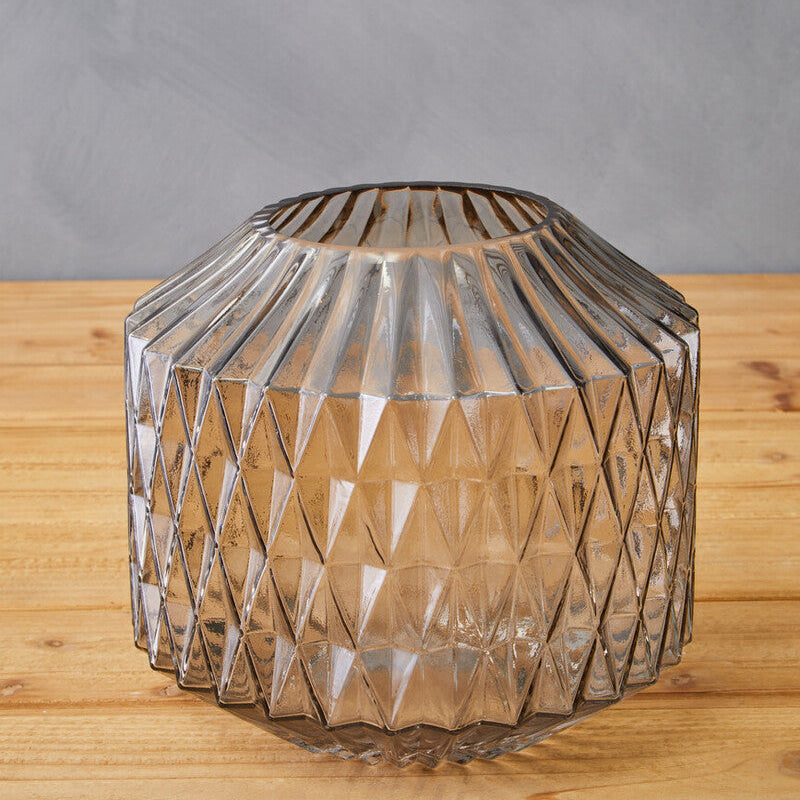 Large Grey Glass Vase with Diamond Cut Texture