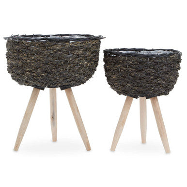 Set of Two Black Woven Planters with Wooden Legs
