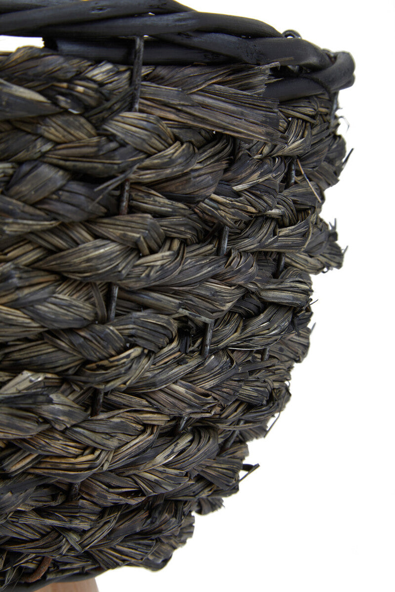 Set of Two Black Woven Planters with Wooden Legs