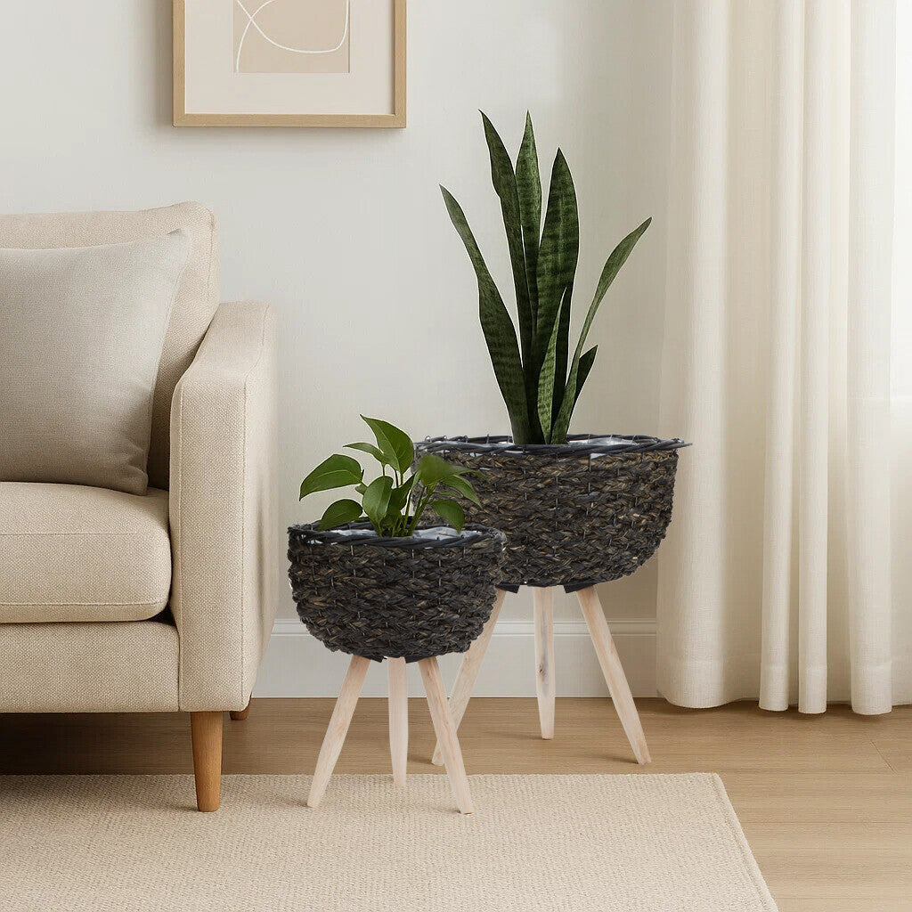 Set of Two Black Woven Planters with Wooden Legs