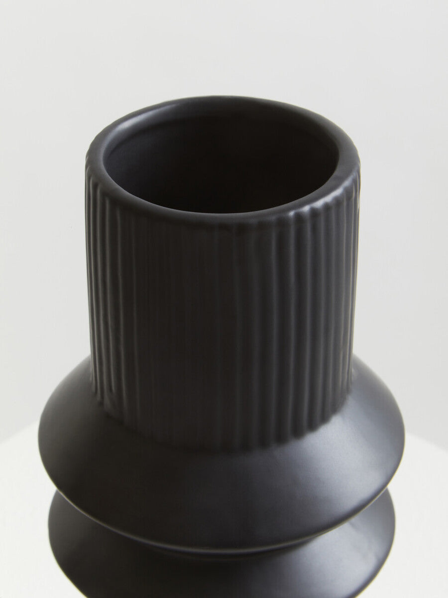 Black Ceramic Vase with Fluted Detail