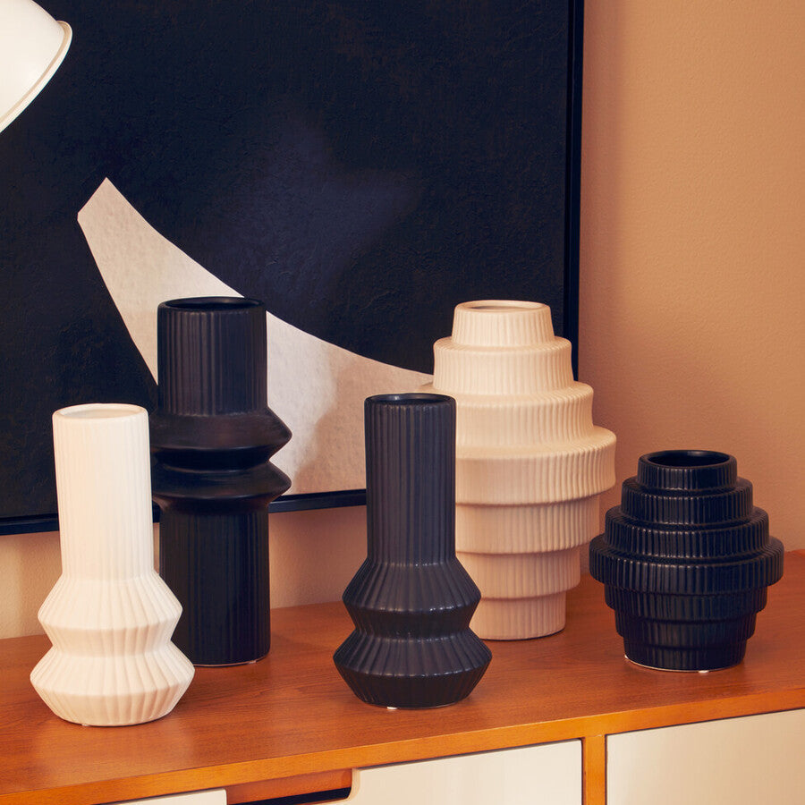 Black Ceramic Vase with Fluted Detail