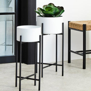 Large White and Black Floor Standing Planter