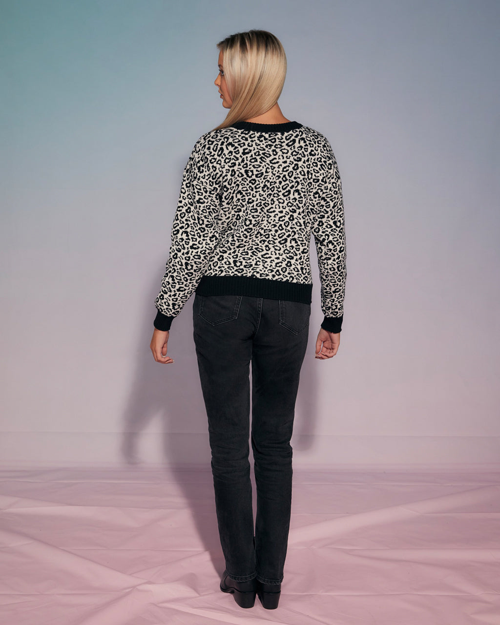 Leopard Knitted Wool and Cashmere Jumper in Black and White