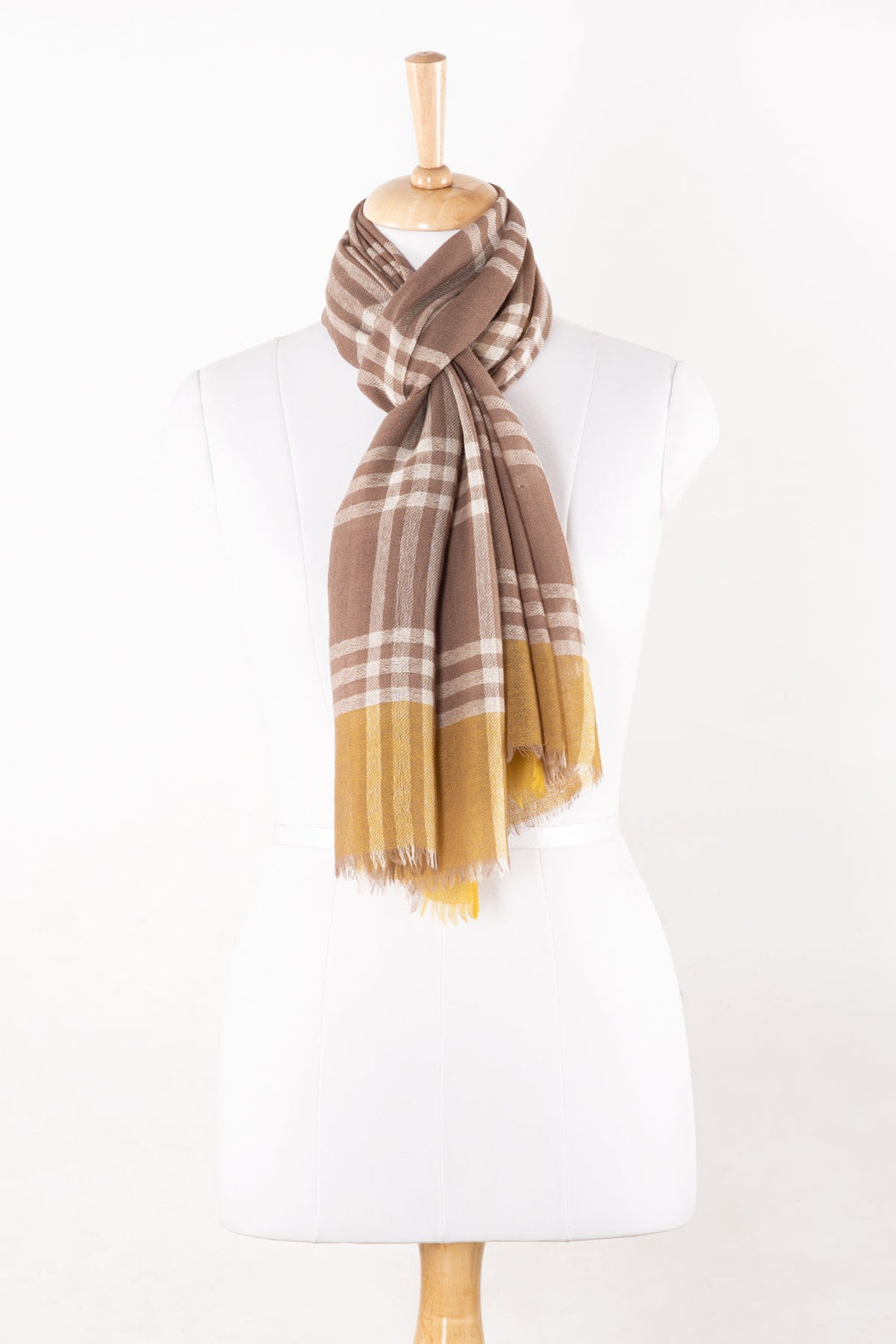 Beige Ochre Windowpane Check Merino Wool Scarf