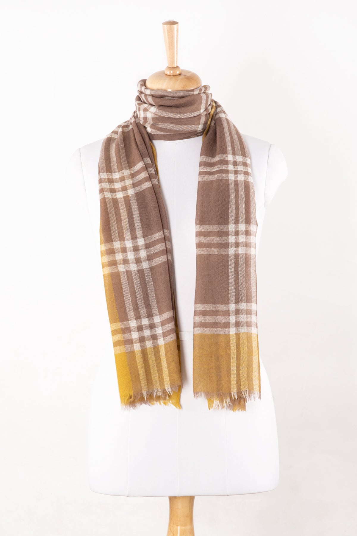 Beige Ochre Windowpane Check Merino Wool Scarf