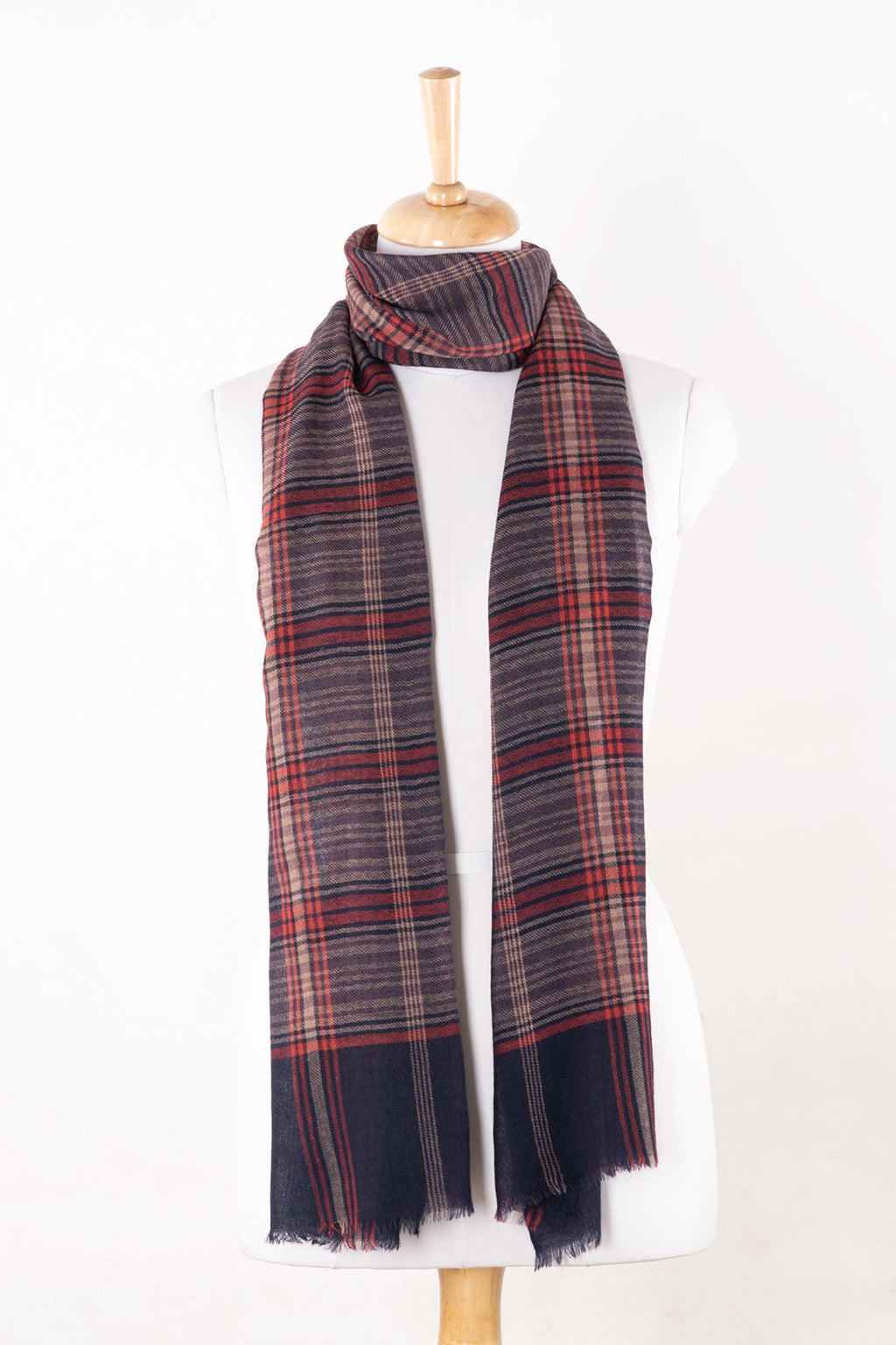 Purple Pink Check and Stripe Merino Wool Scarf
