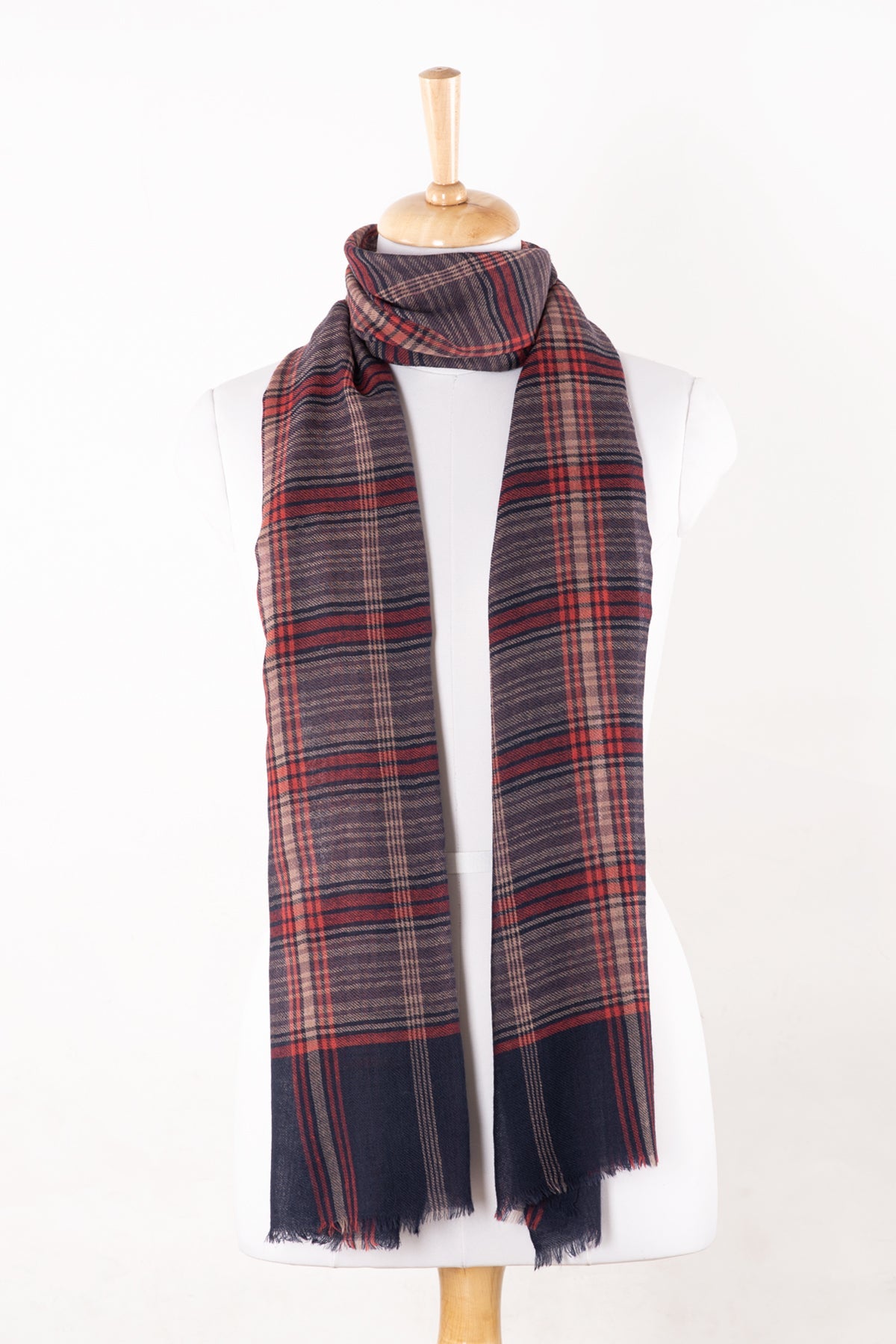 Purple Pink Check and Stripe Merino Wool Scarf