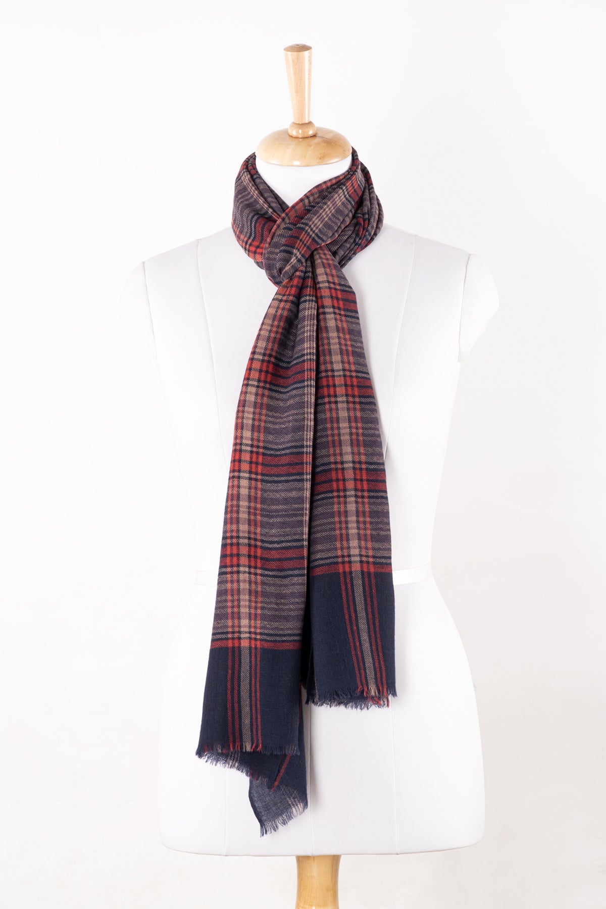 Purple Pink Check and Stripe Merino Wool Scarf