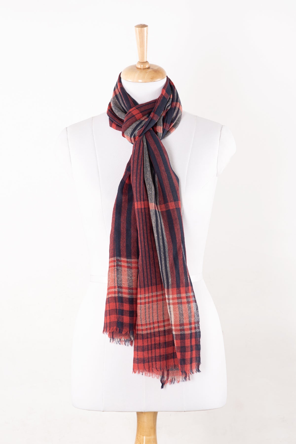 Merino Wool Scarf in Fuchsia Pink and Navy Check Stripes