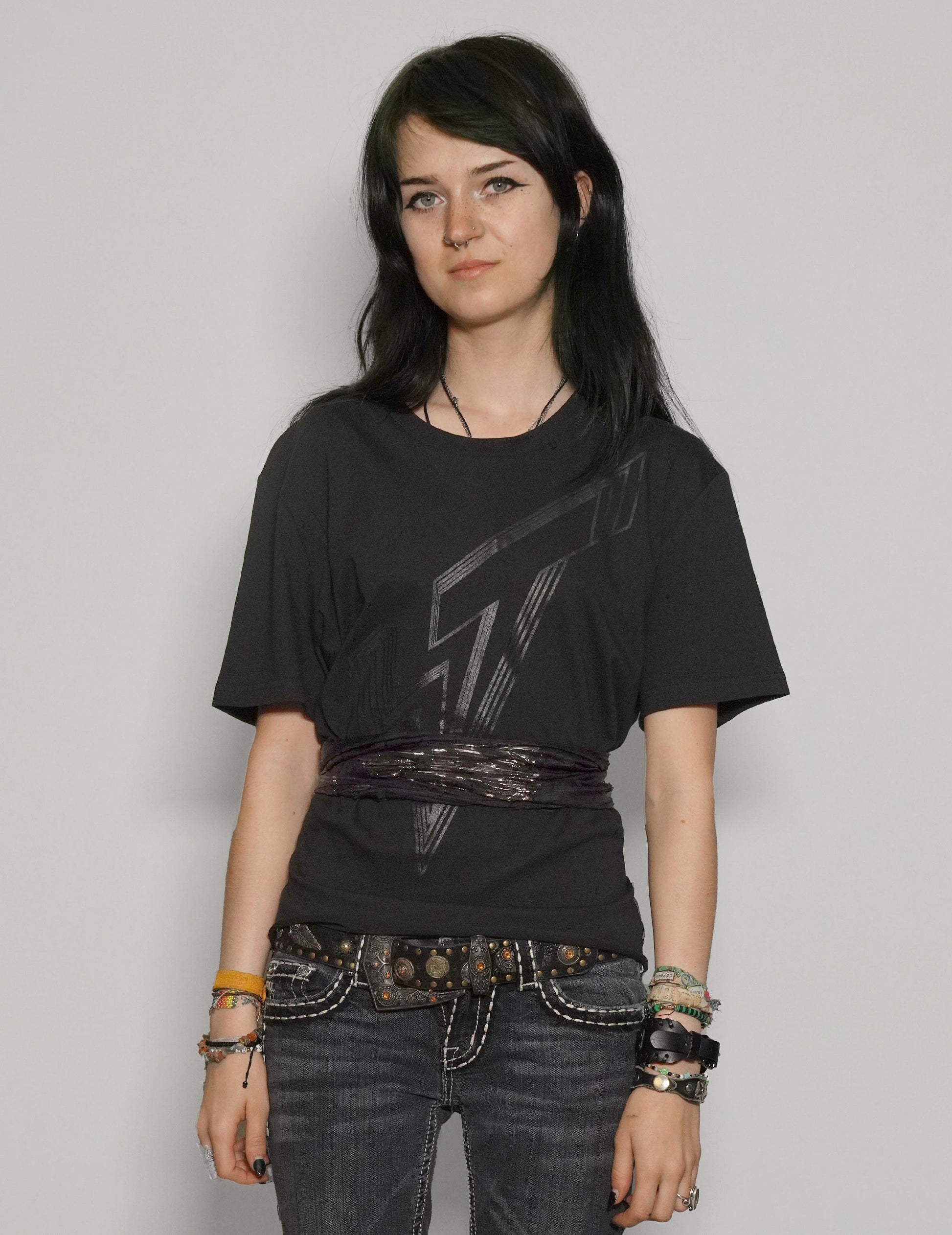 Black Cropped Tee with Silk Tie Detail