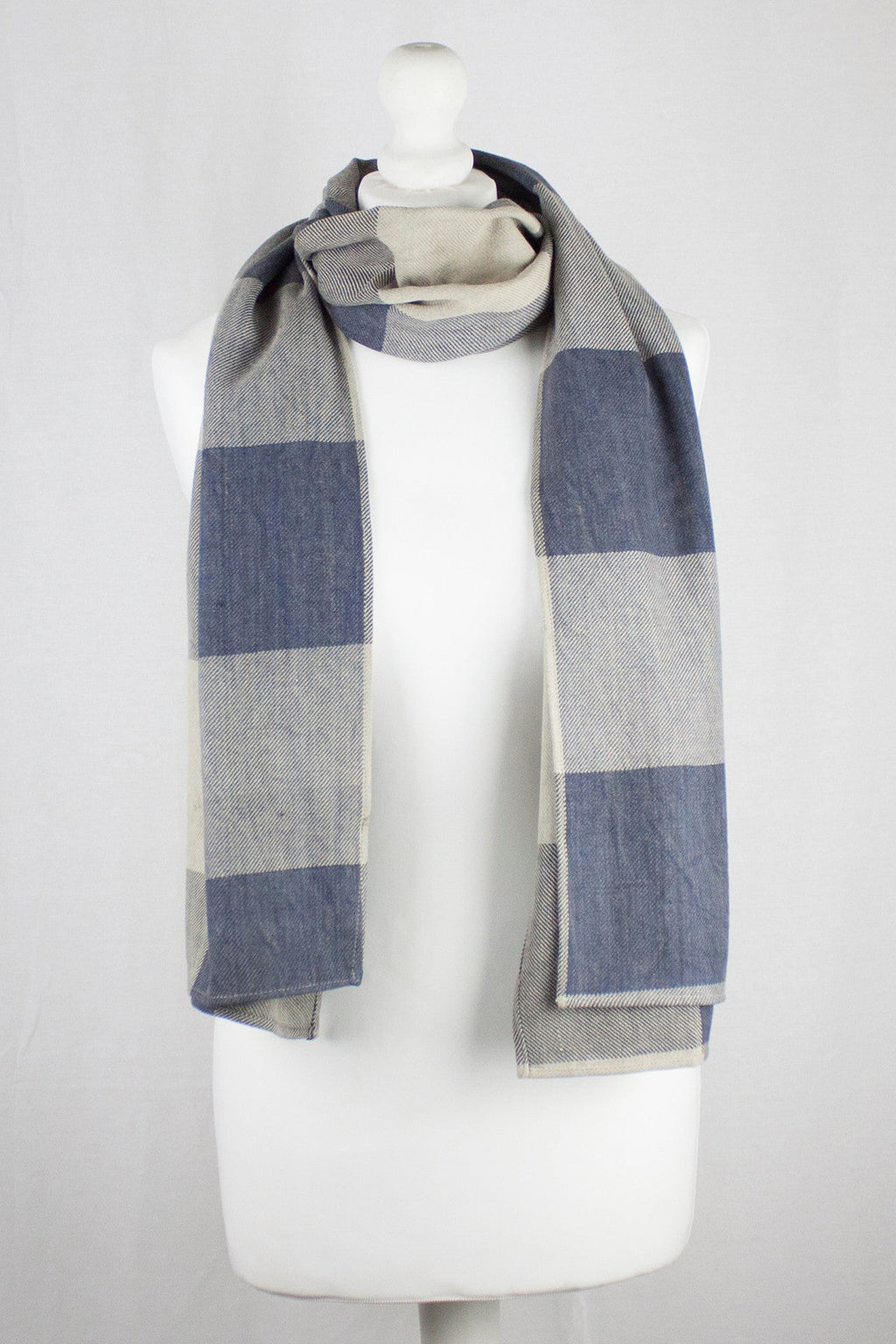 Box Check Twill Weave Cotton Scarf in Grey Beige