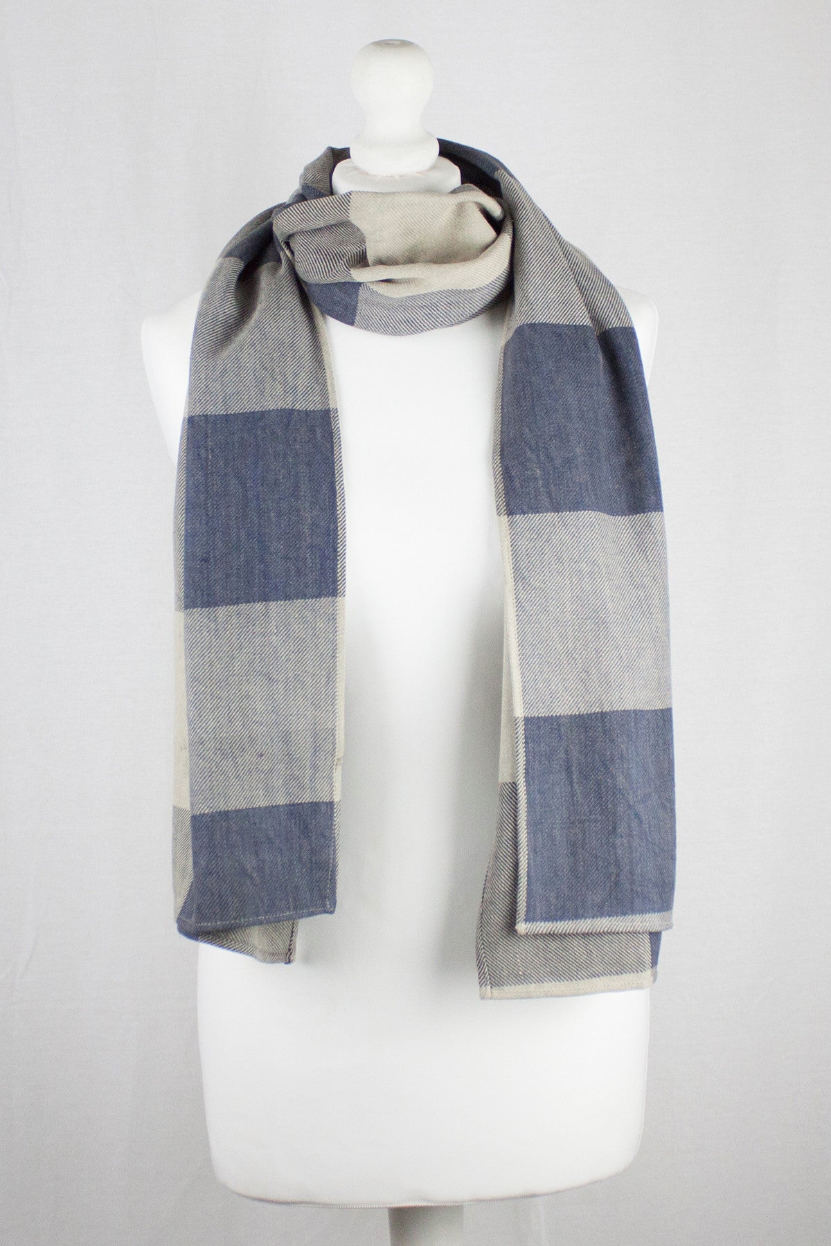 Box Check Twill Weave Cotton Scarf in Grey Beige