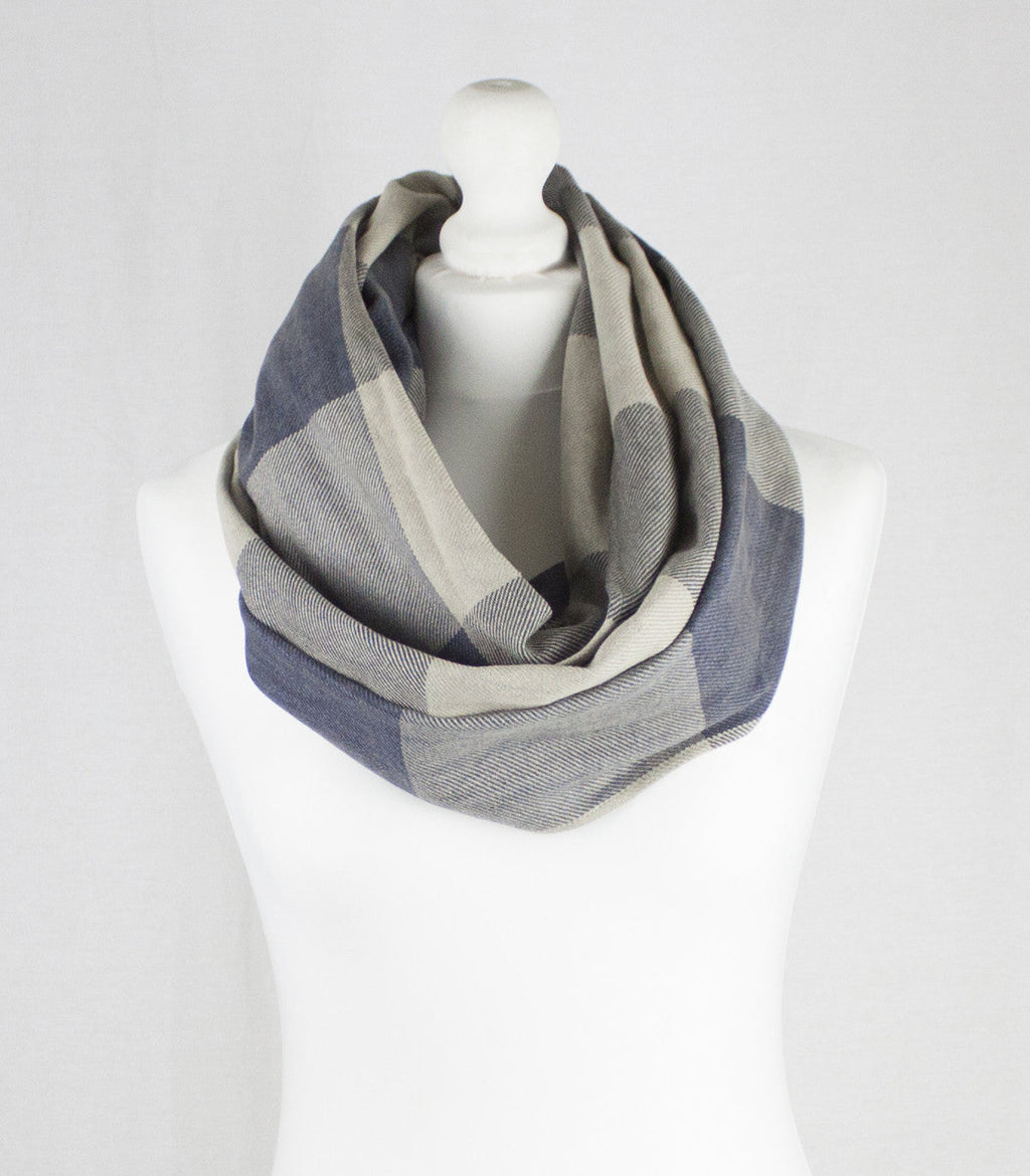 Box Check Twill Weave Cotton Scarf in Grey Beige