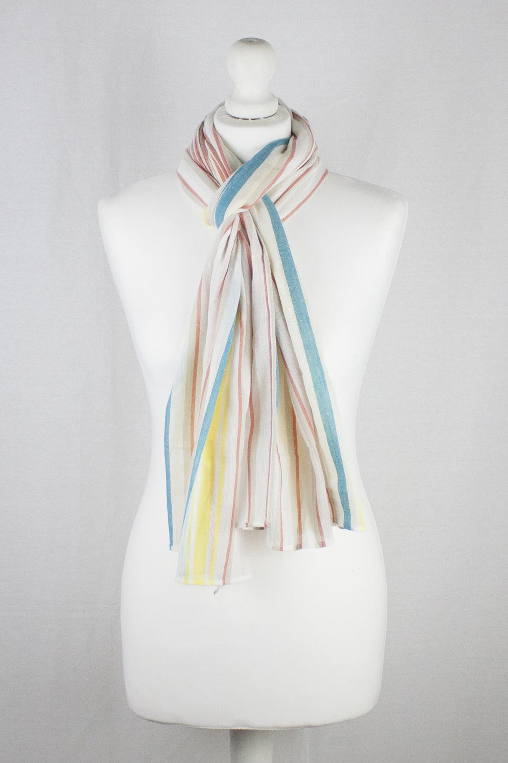 Modern Stripes Cotton Scarf in Crimson Teal and Yellow