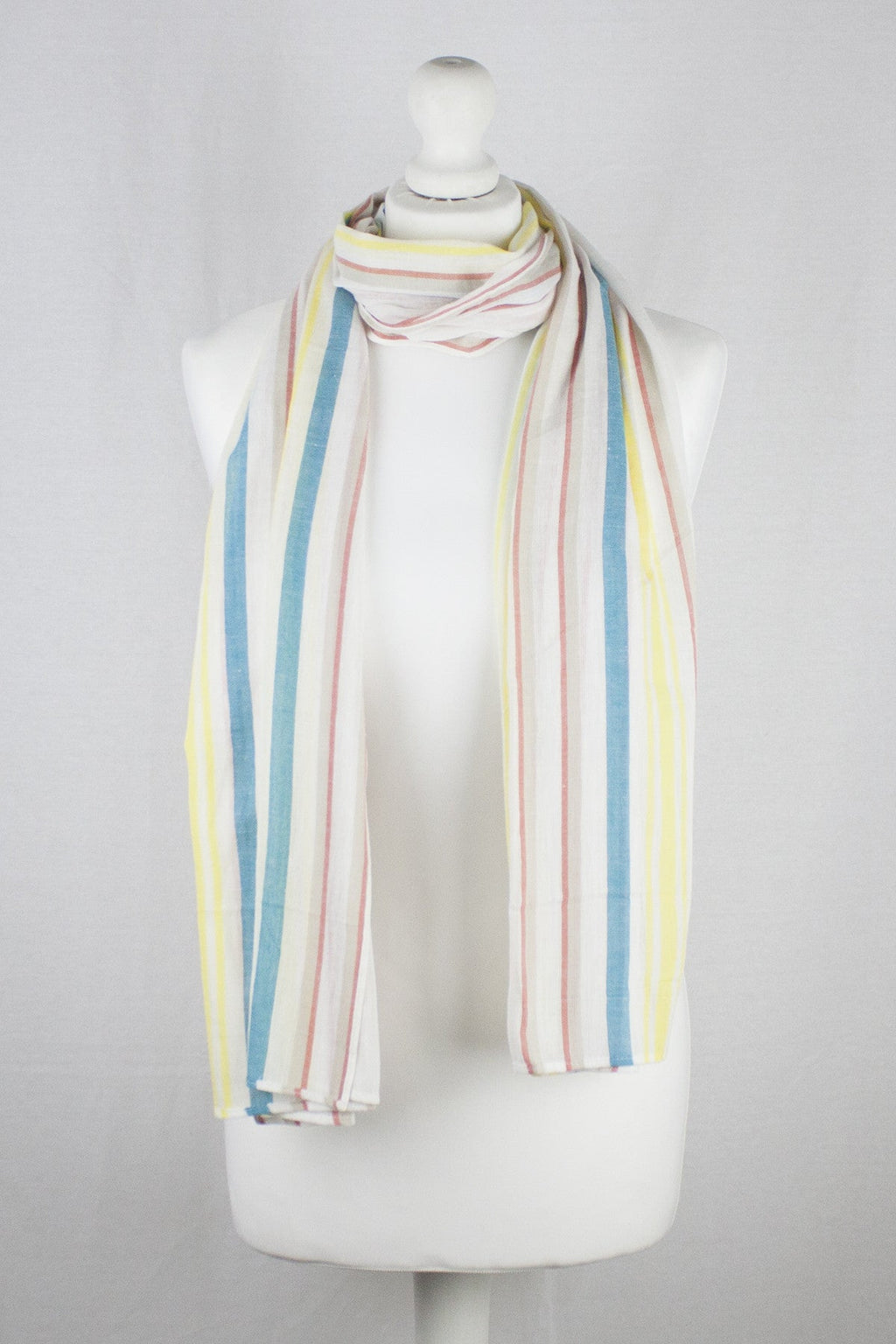 Modern Stripes Cotton Scarf in Crimson Teal and Yellow