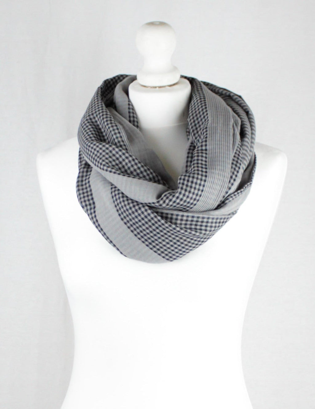 Checks and Stripes Cotton Scarf in Cement Black