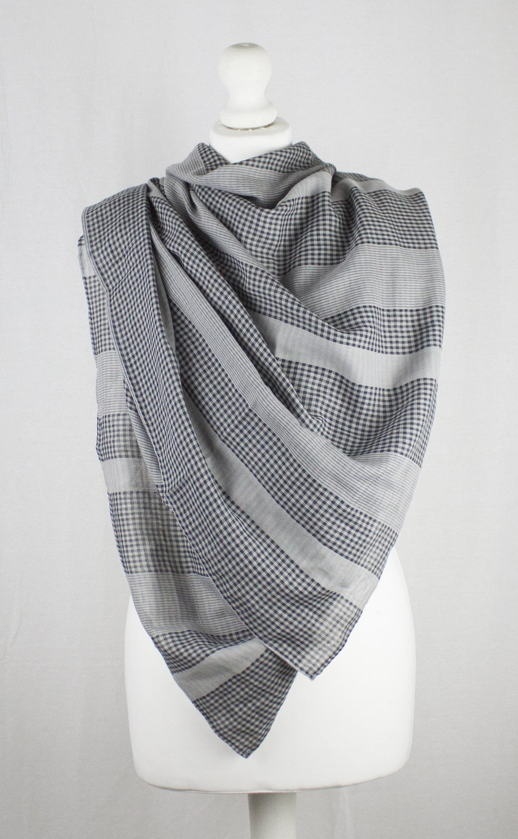 Checks and Stripes Cotton Scarf in Cement Black