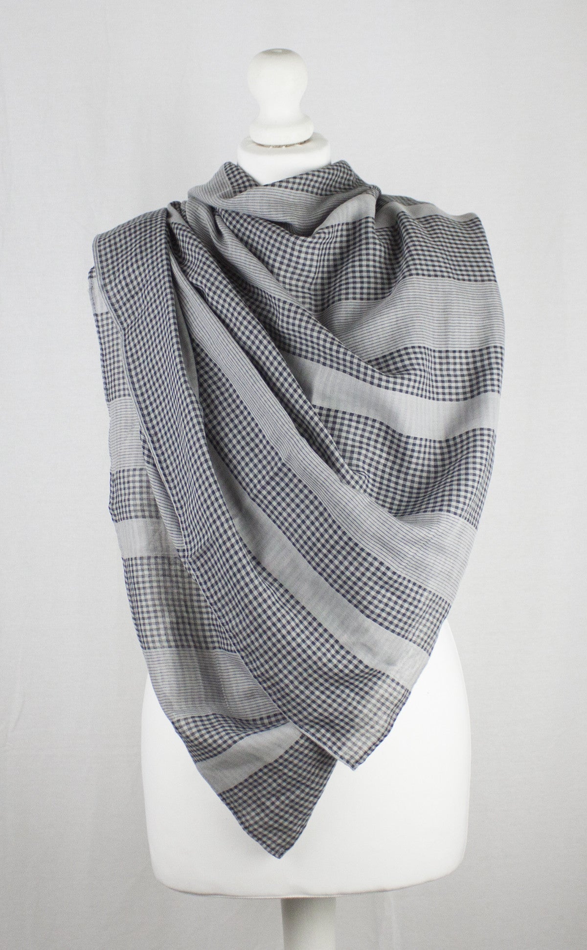Checks and Stripes Cotton Scarf in Cement Black