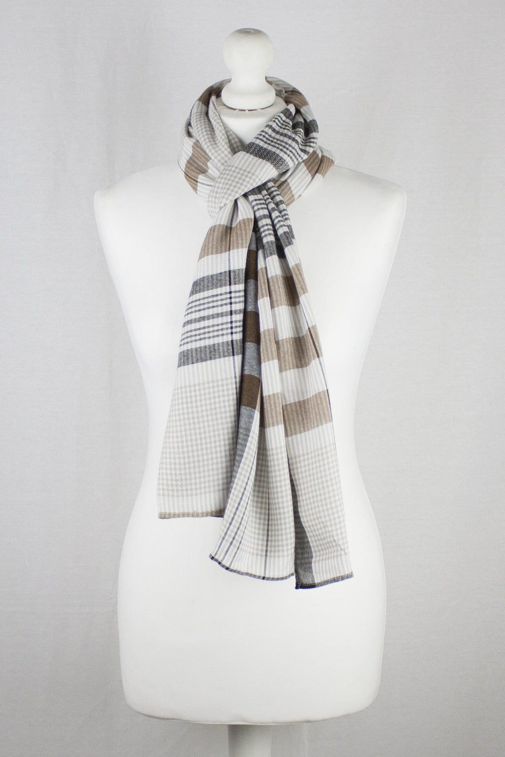 Checks and Stripes Textured Weave Viscose Scarf in Beige Black and Off White