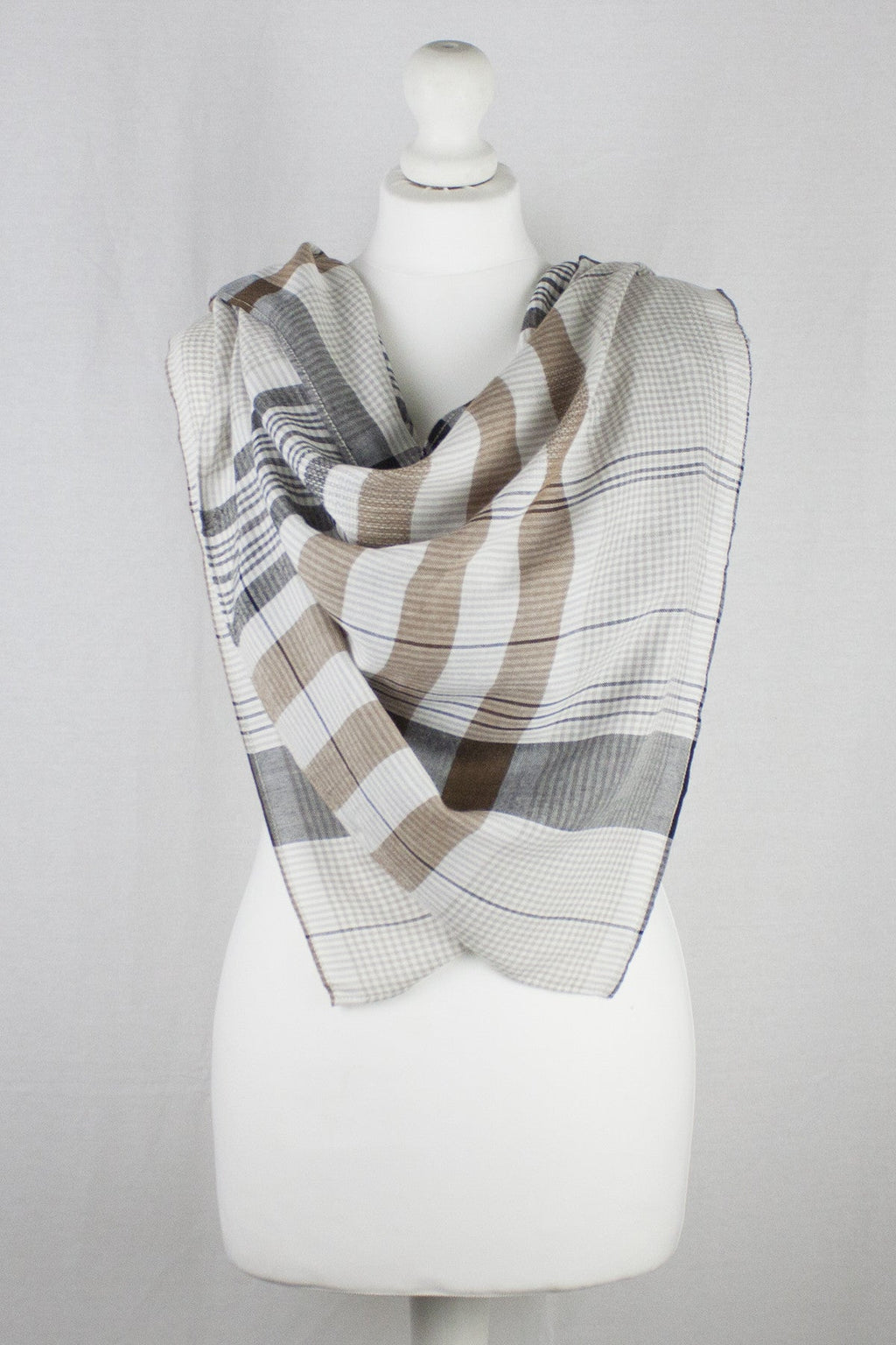 Checks and Stripes Textured Weave Viscose Scarf in Beige Black and Off White