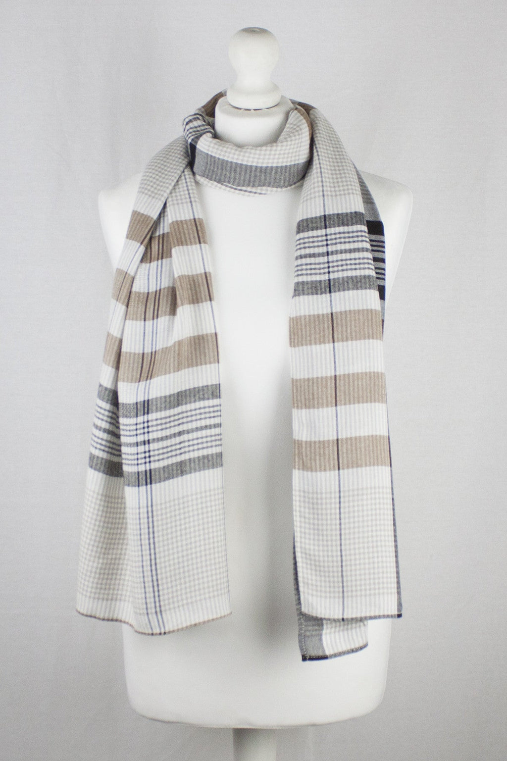 Checks and Stripes Textured Weave Viscose Scarf in Beige Black and Off White