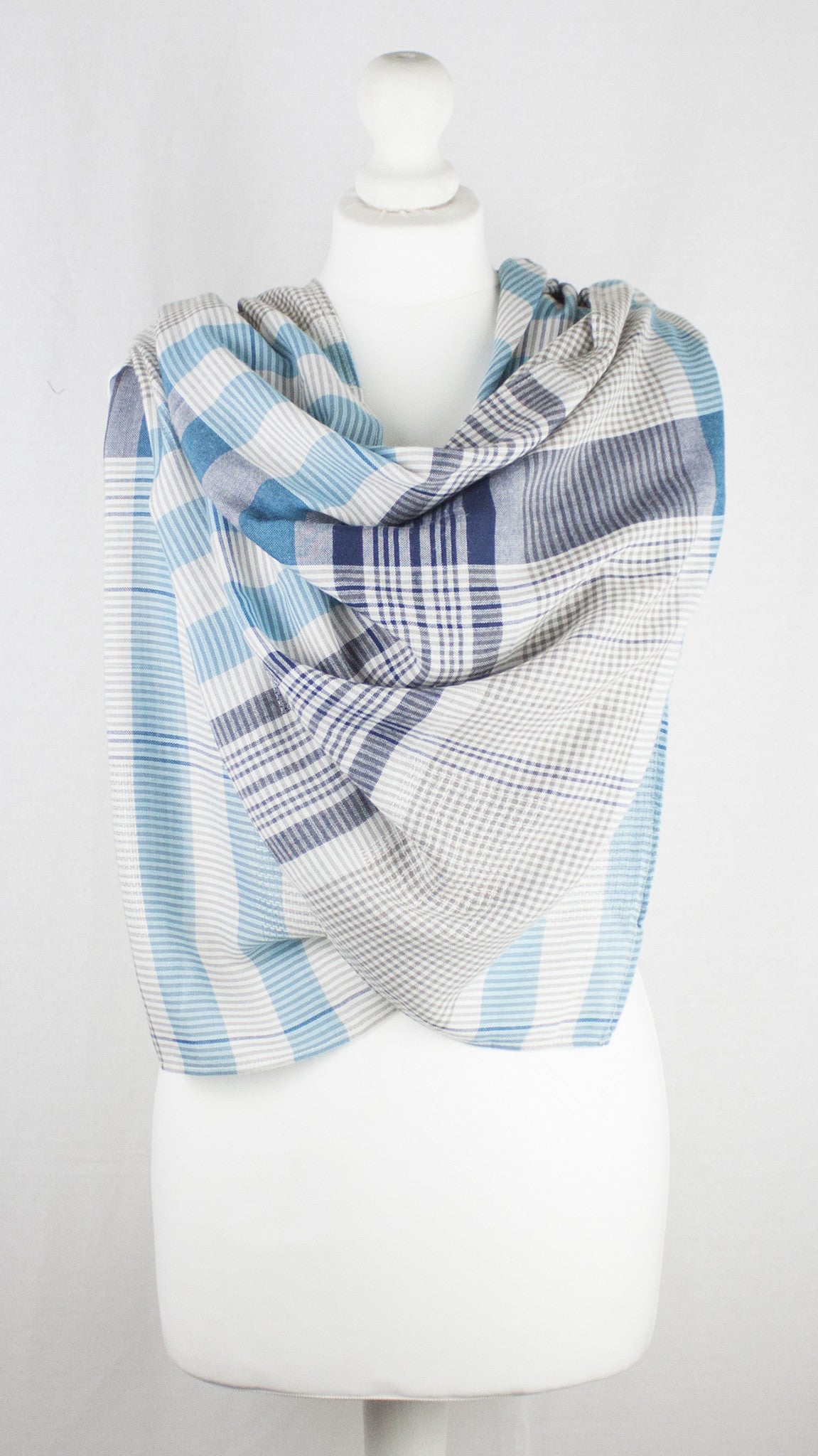 Checks and Stripes Textured Weave Viscose Scarf in Blue Navy Beige